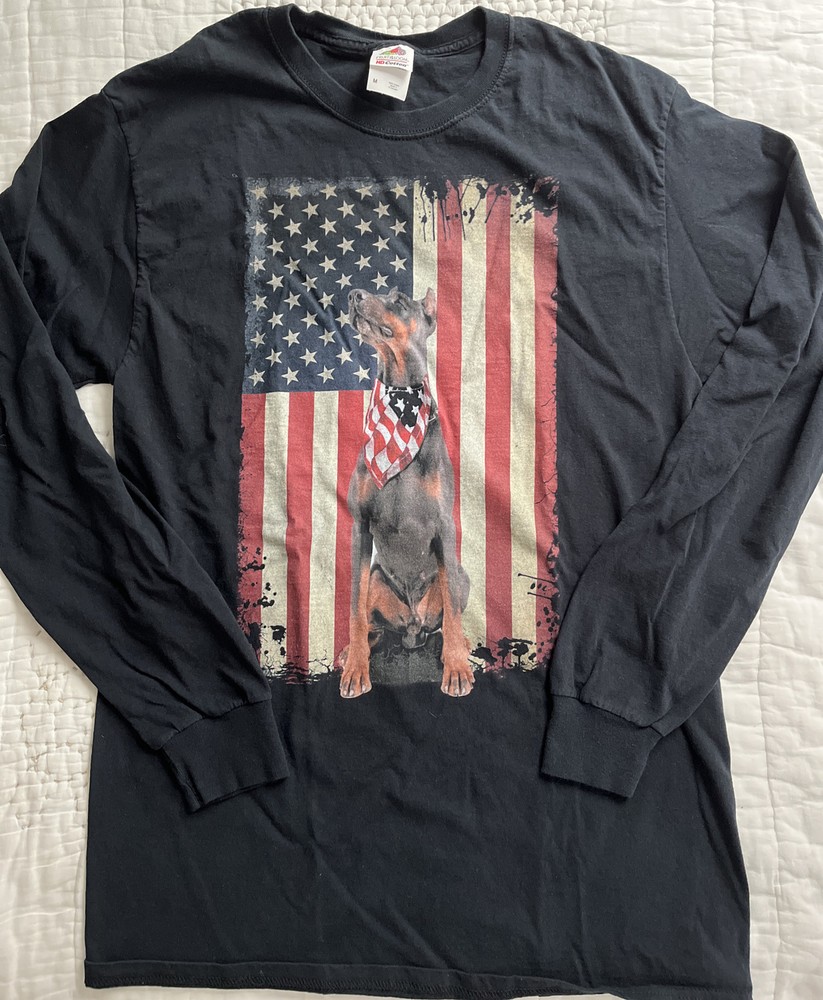 Fruit of the Loom Flag & Doberman Pinscher Shirt Mens Med Graphic Patriotic