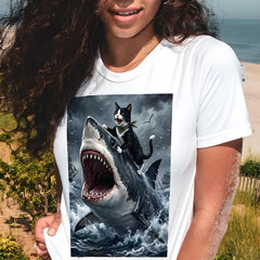 Funny Cat Riding Shark T-Shirt: Cat Lovers Tee