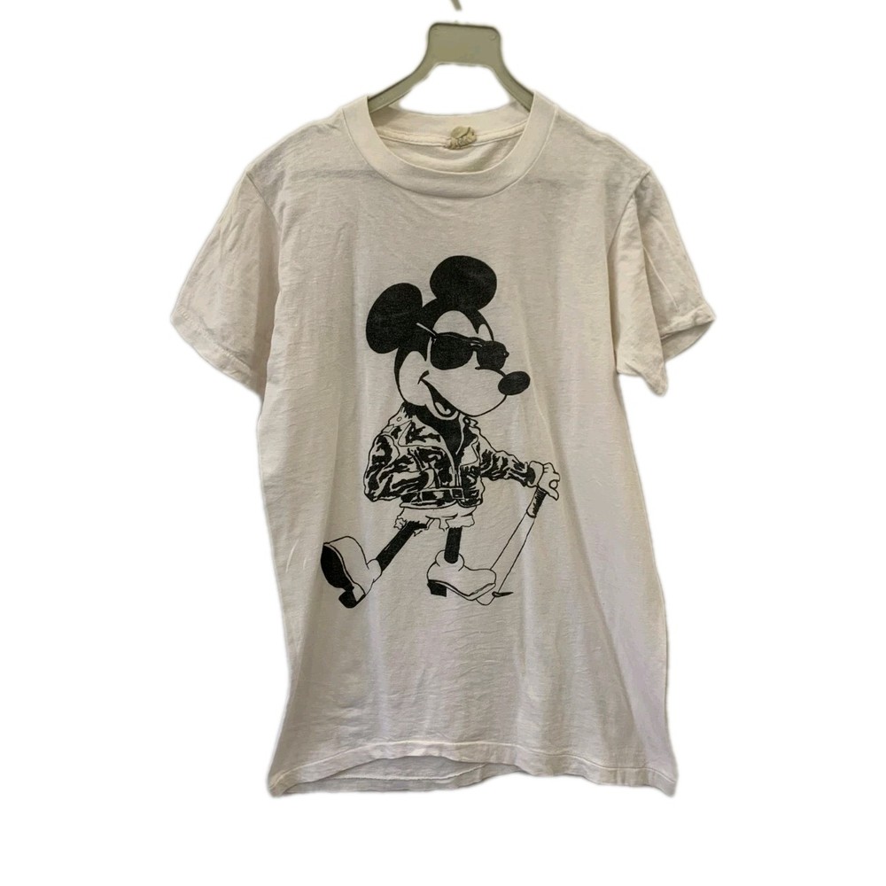 Vtg 80s Mickey Mouse Sunglasses Leather Jacket T-Shirt Screen Stars White L #88
