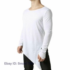 Mens Asymmetric Slit Hem Summer T-shirt Top Tee Long Sleeve Pullover Shirt Hot