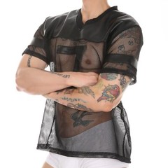 Men’s Transparent Fishnet Stripe Tee Tops Short Sleeve Black Mesh Sheer T-shirt