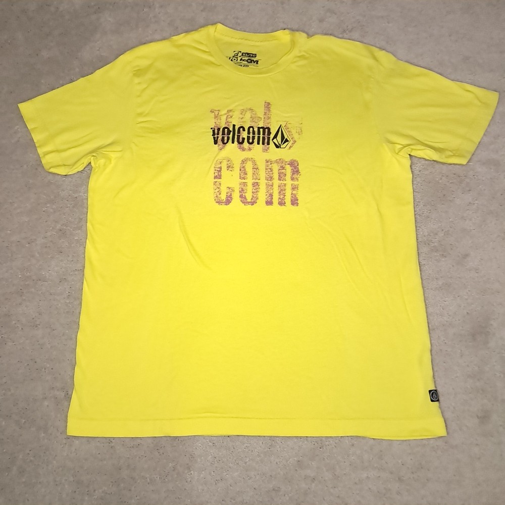 Y2K Volcom Stone Skateboard T-shirt Mens XL Slim Yellow Logo Spellout