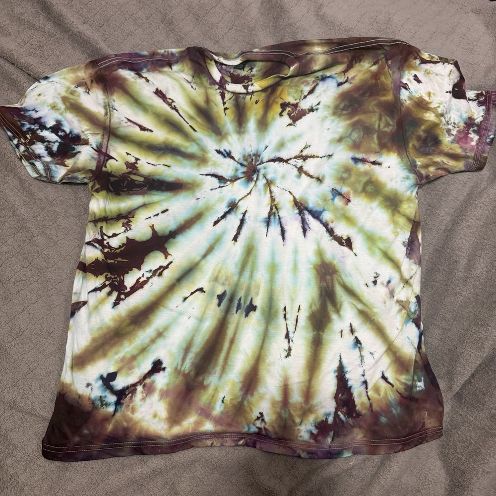 Gildan Tie Dye T-Shirt 2XL Green Brown Spiral Graphic Cotton Tee Boho Festival
