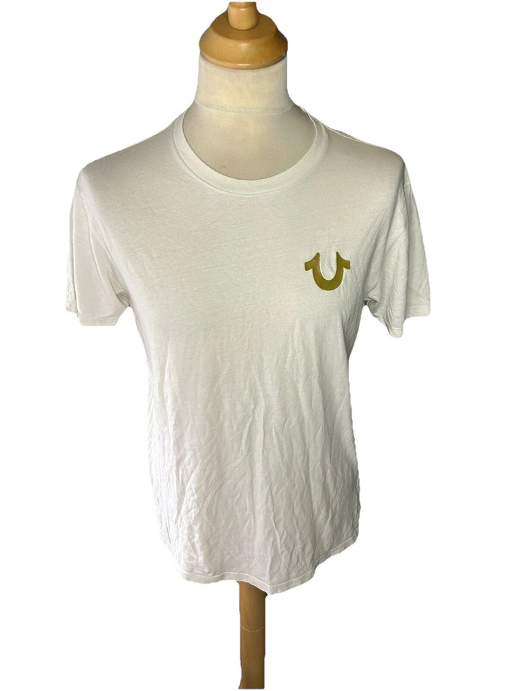 True Religion White Metallic Gold Buddha T-Shirt Medium M Cotton Round Neck S/S