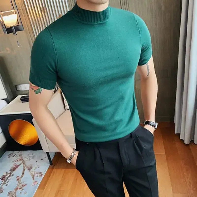 High Quality Men Half Turtleneck Knitted T Shirts Mens Autumn Short Sleeve Slim