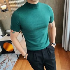 High Quality Men Half Turtleneck Knitted T Shirts Mens Autumn Short Sleeve Slim