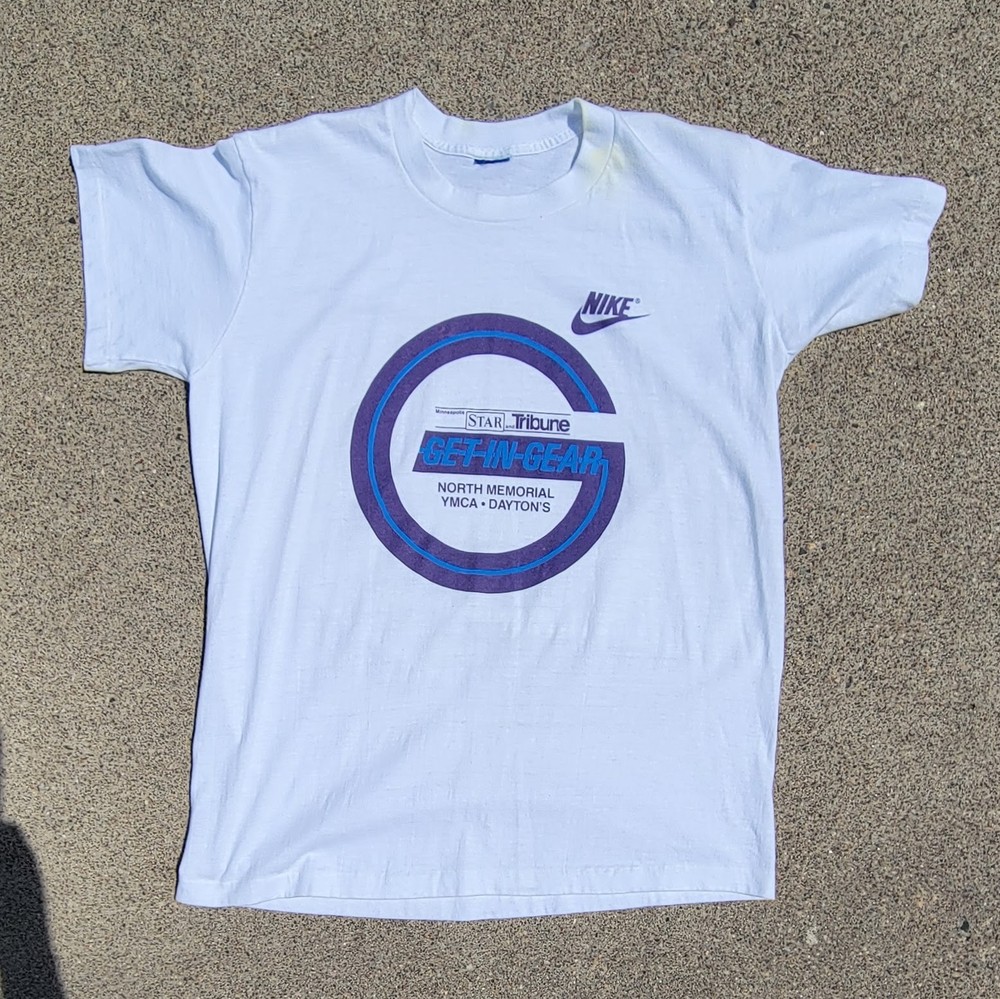 Vtg 80s Nike Swoosh Running Race Get In Gear T-shirt Single Stitch White Med USA