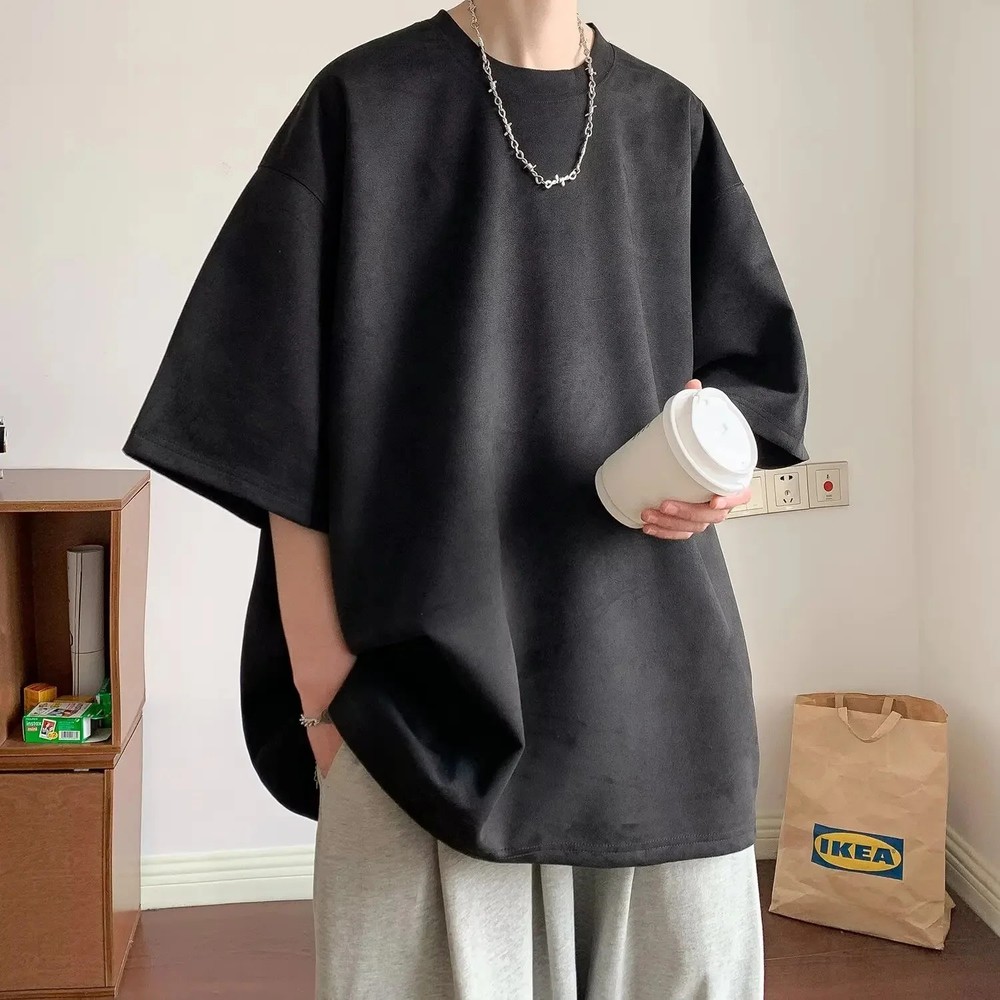 Heavyweight Suede Short Sleeve T-Shirt Men’s Oversize Casual Loose Fit Five-Quar