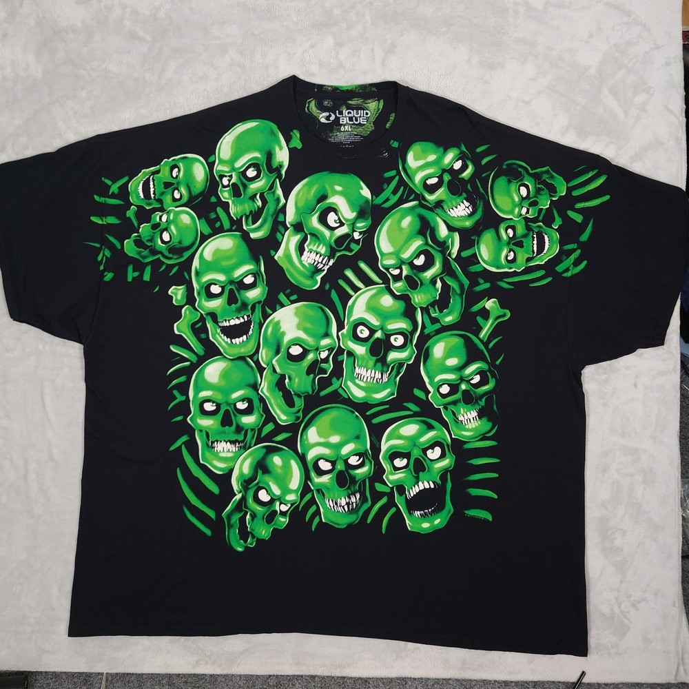 Liquid Blue Skull Pile T-Shirt Mens 6XL Black AOP Glow N Dark Travis Scott 2017