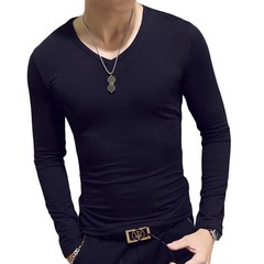 Men T Shirt Long Sleeve Slim Fit Solid Color Round Neck V Neck Cotton Top