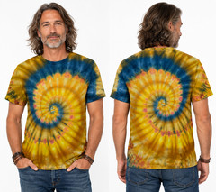 NEW Spiral Ice Tie Dye T-Shirt, Unisex L SS Crew, Blue & Gold