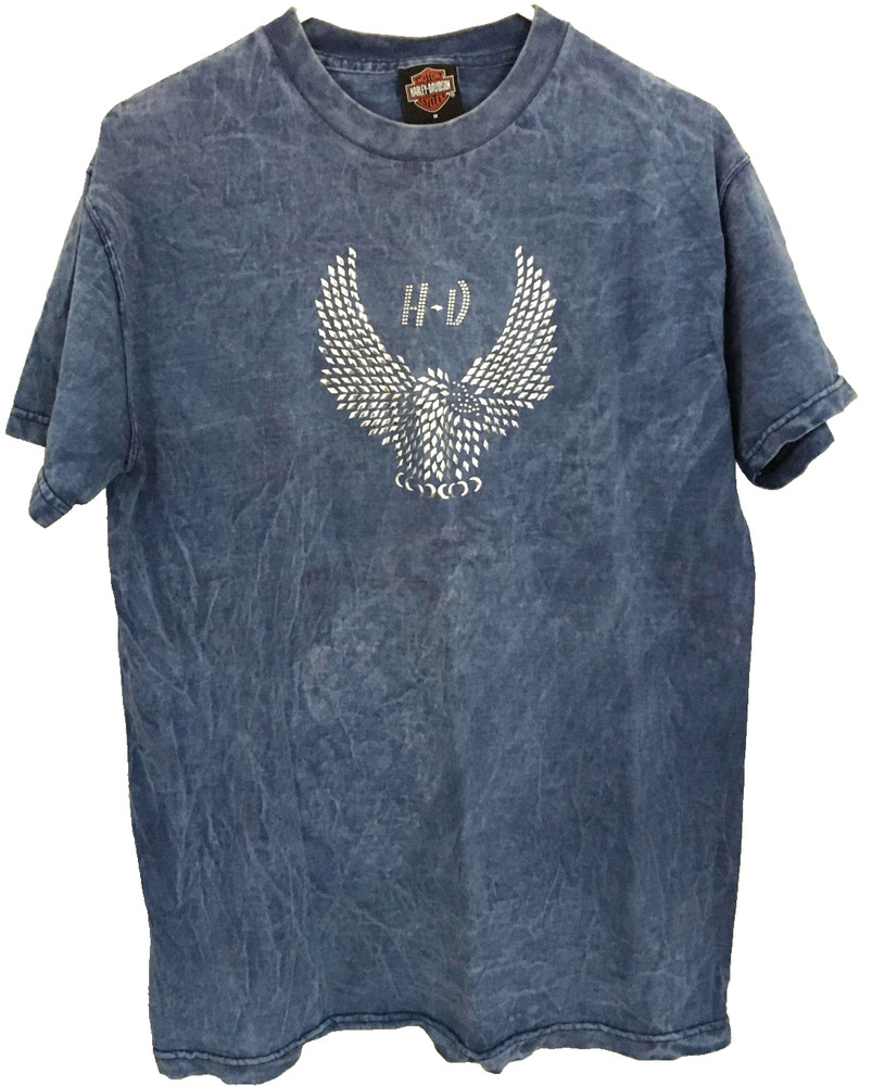 Harley-Davidson Shirt Mens Medium Blue Mineral Wash Rhinestone Wings Made USA