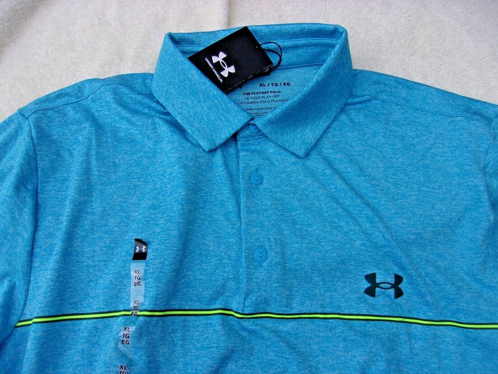 NWT Under Armour Loose Fit Playoff polo, men’s L, XL, blue, bright green stripe