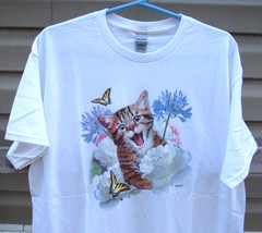 NEW Yellow butterfly kitten short sleeve white T-shirt – Large
