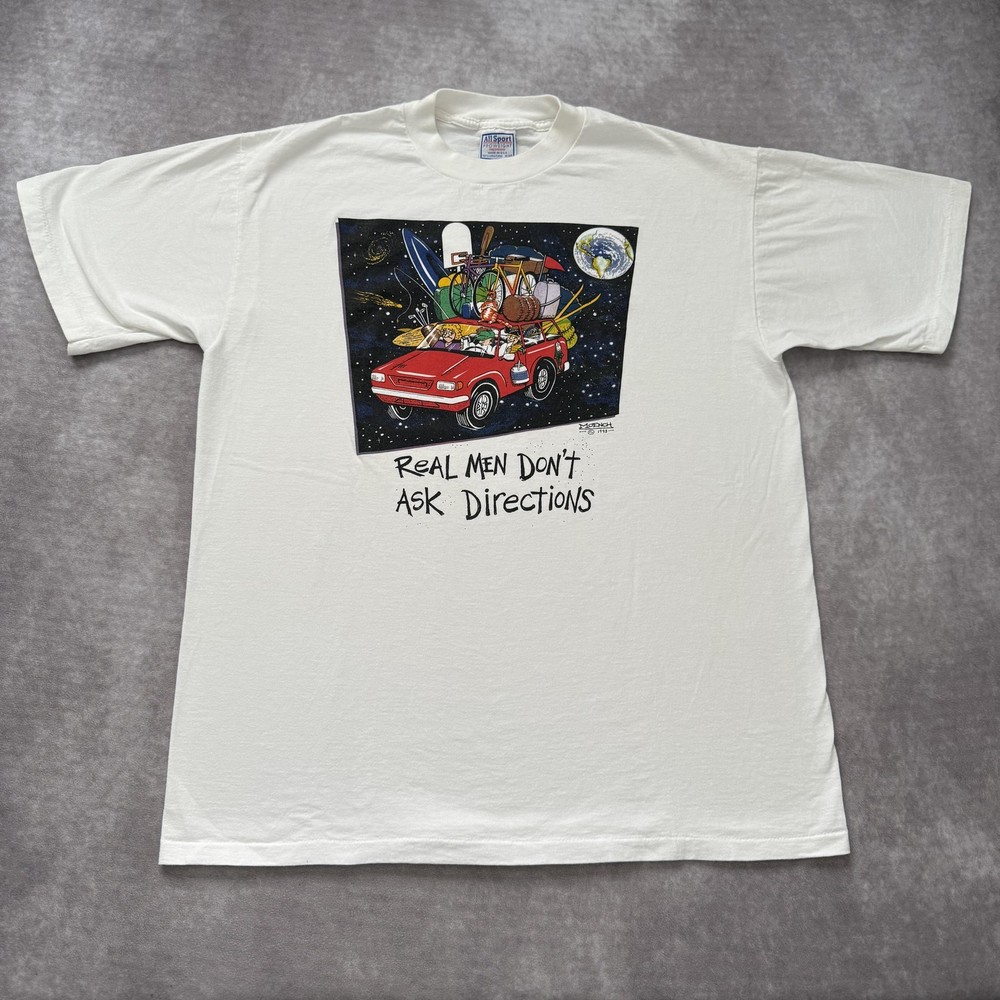 Vintage Real Men Don’t Ask Directions Shirt Mens XL Moech Art Comic Funny