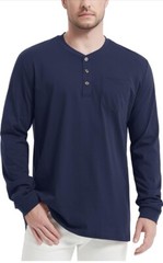 MAGCOMSEN Mens Henley Long Sleeve Casual Shirts Cotton Pocket Nevy Blue Size L