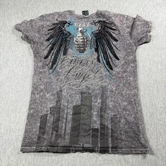 RZST T-Shirt Men M Gray V-Neck Graphic City of Angels Grenade Wings Acid Wash