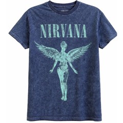 Nirvana In Utero Angel Graphic Tee Blue Mineral Wash Cotton Band T-Shirt Small