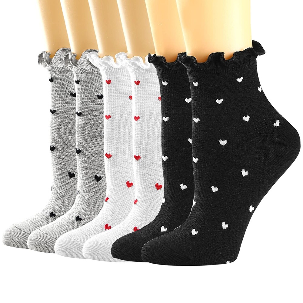 Women’s Ruffle Ankle Socks – Comfort Cool Thin Cotton Knit Low Cut Hearts Pat…