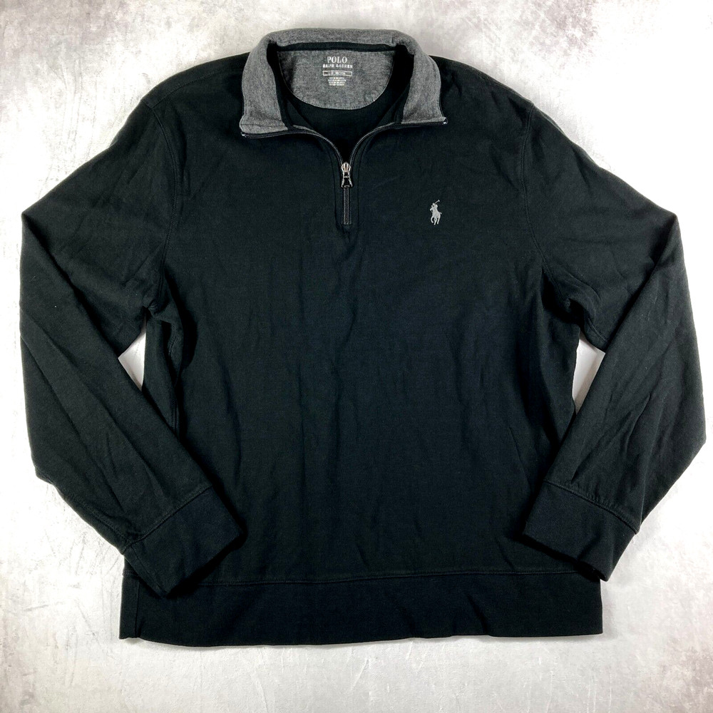 Polo Ralph Lauren Mens Large Black 1/4 Zip Pullover Shirt Gray Pony