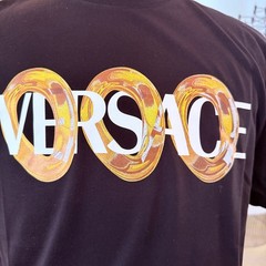 Versace 1013302 Maxi Chain Black Cotton Men’s logo-print T-shirt, Size Small
