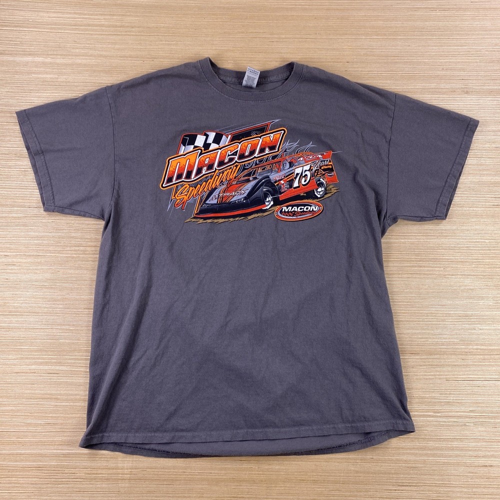 Gildan Shirt Mens XL Gray Macon Speedway Nascar Racing Car Double Sided