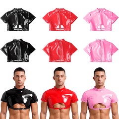 Mens Clubwear Nightout Crop Top Shiny Vest Halloween Costume Half Tops Glossy