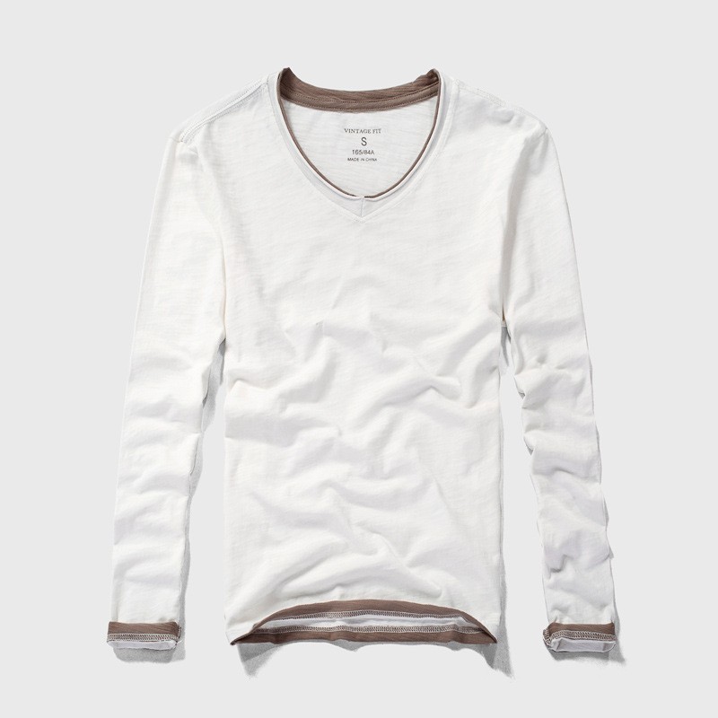 Mens Round Collar Long-Sleeved T-Shirts Cotton V-Neck Solid Color Casual Tops