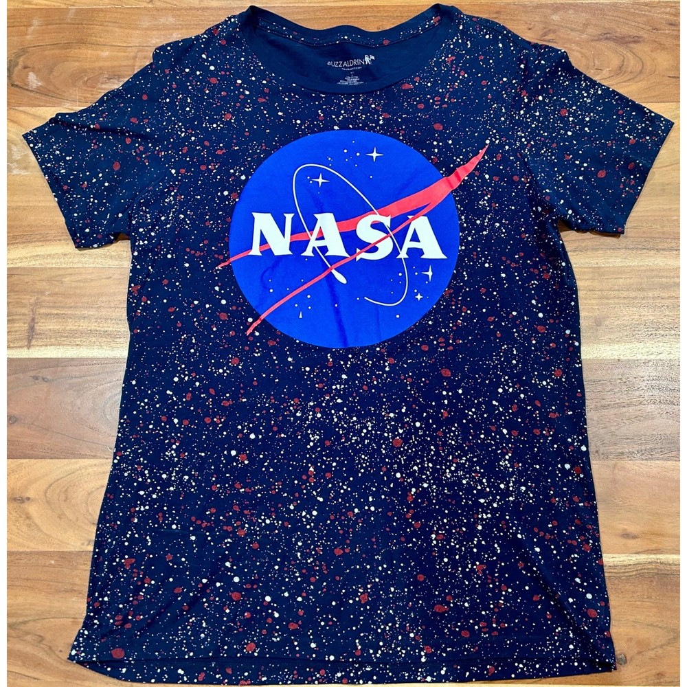 Buzz Aldrin NASA Galaxy Splatter Graphic T-Shirt Navy Blue Mens Large Space Tee