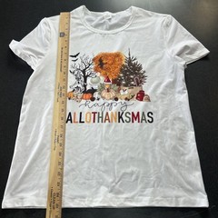 Happy HalloThanksMas Shirt Fall Size L Thanksgiving Christmas Pumpkins Trees