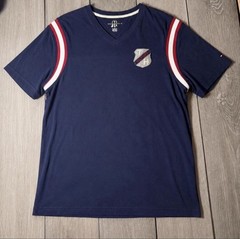 Tommy Hilfiger V-Neck T-Shirt Men’s XL Navy Blue Stripe Sleeve Crest Logo Casual