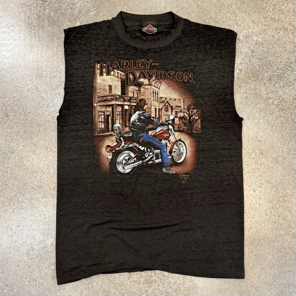 Vintage 1990 Harley Davidson 3D Emblem Cut Off Tee Shirt Large Peru Illinois
