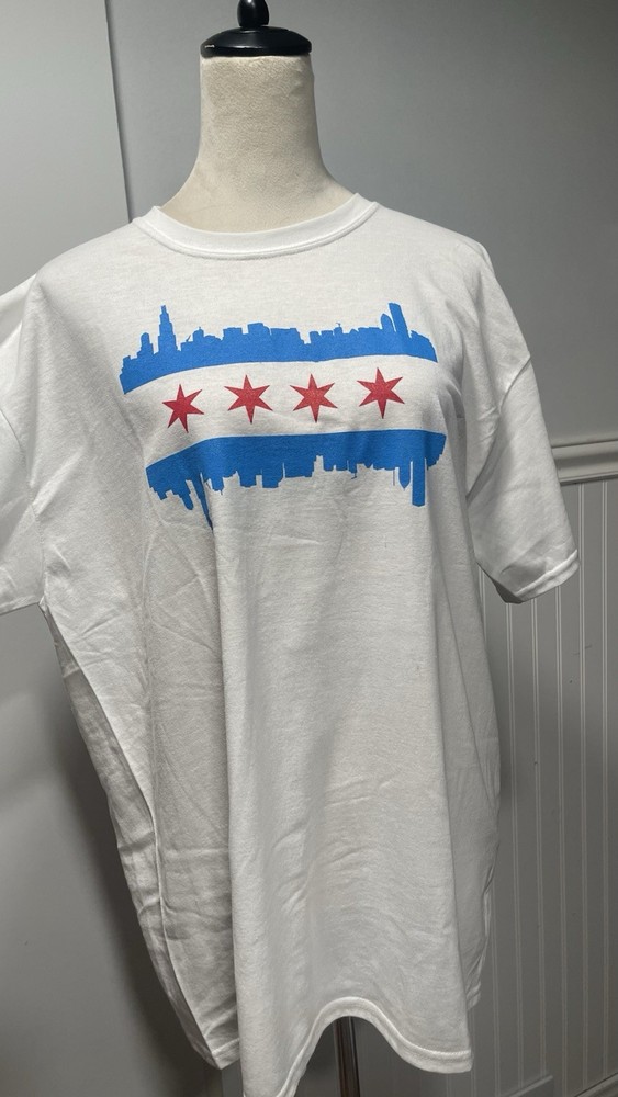 Flag Of Chicago Skyline Short Sleeve T-shirt 100% Cotton Red White Blue 3 pieces