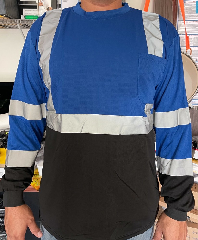 Class 2 Max-dry Moisture Wicking Mesh Long Sleeve Safety T-shirt, Blue/BK