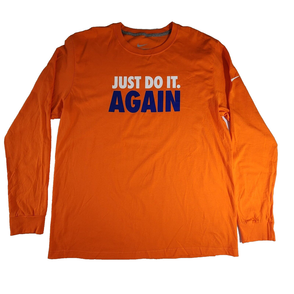 Nike Just Do It Again Men’s XL Orange Long Sleeve T-Shirt Ribbed Cuffs NWOT Flaw