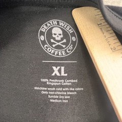 Death Wish Coffee Shirt Mens XL Black Hearts Skull Crossbones Pocket Caffeine