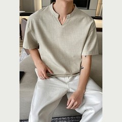 Loose Fit Men’s T-Shirt Imitation Linen V Neck Short Sleeve Summer Top