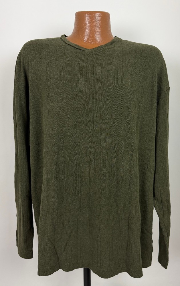 Vintage Ribbed V-Neck Shirt Men XL Minimal Olive Rayon Cotton Long Sleeve Murano