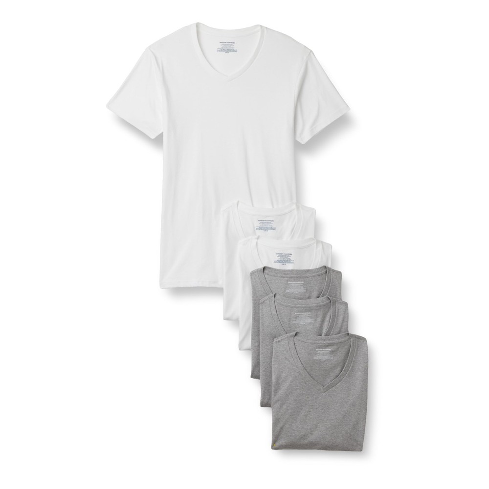 6 Pack Mens Short Sleeves 100% Cotton V-Neck Undershirt,Large Grey Heather/White