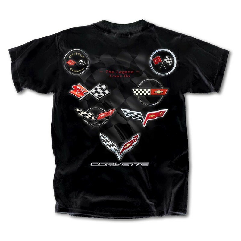 Joe Blow T’s Chevy Corvette Flags C1 thru C7 Men’s Black T-Shirt Emblems Logos