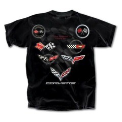 Joe Blow T’s Chevy Corvette Flags C1 thru C7 Men’s Black T-Shirt Emblems Logos