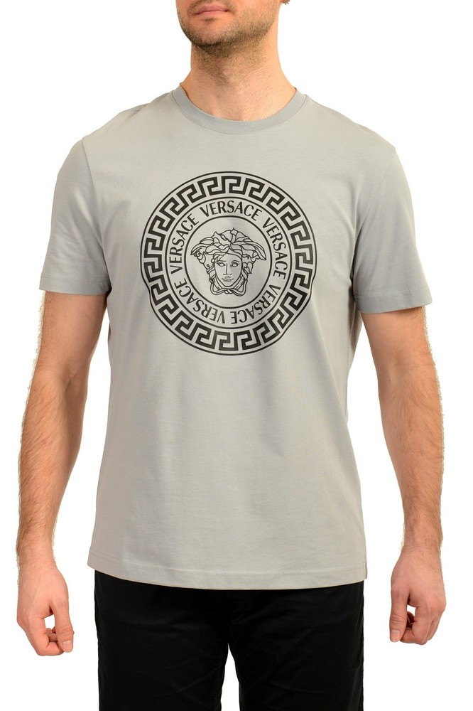 Versace Men’s Gray Logo Print Crewneck Short Sleeve T-Shirt US 2XL IT 56