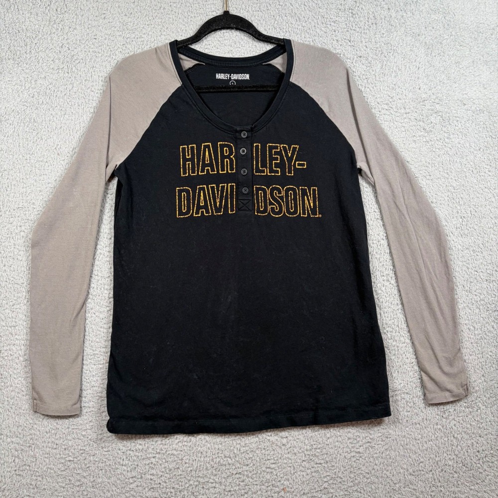 Harley-Davidson Long Sleeve Henley Shirt Black Gray Raglan Graphic Women’s Sz L