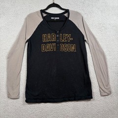 Harley-Davidson Long Sleeve Henley Shirt Black Gray Raglan Graphic Women’s Sz L