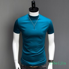 Fashion Summer Men’s Half High Collar Silk Cotton Short Sleeved T-shirt Slim Fit