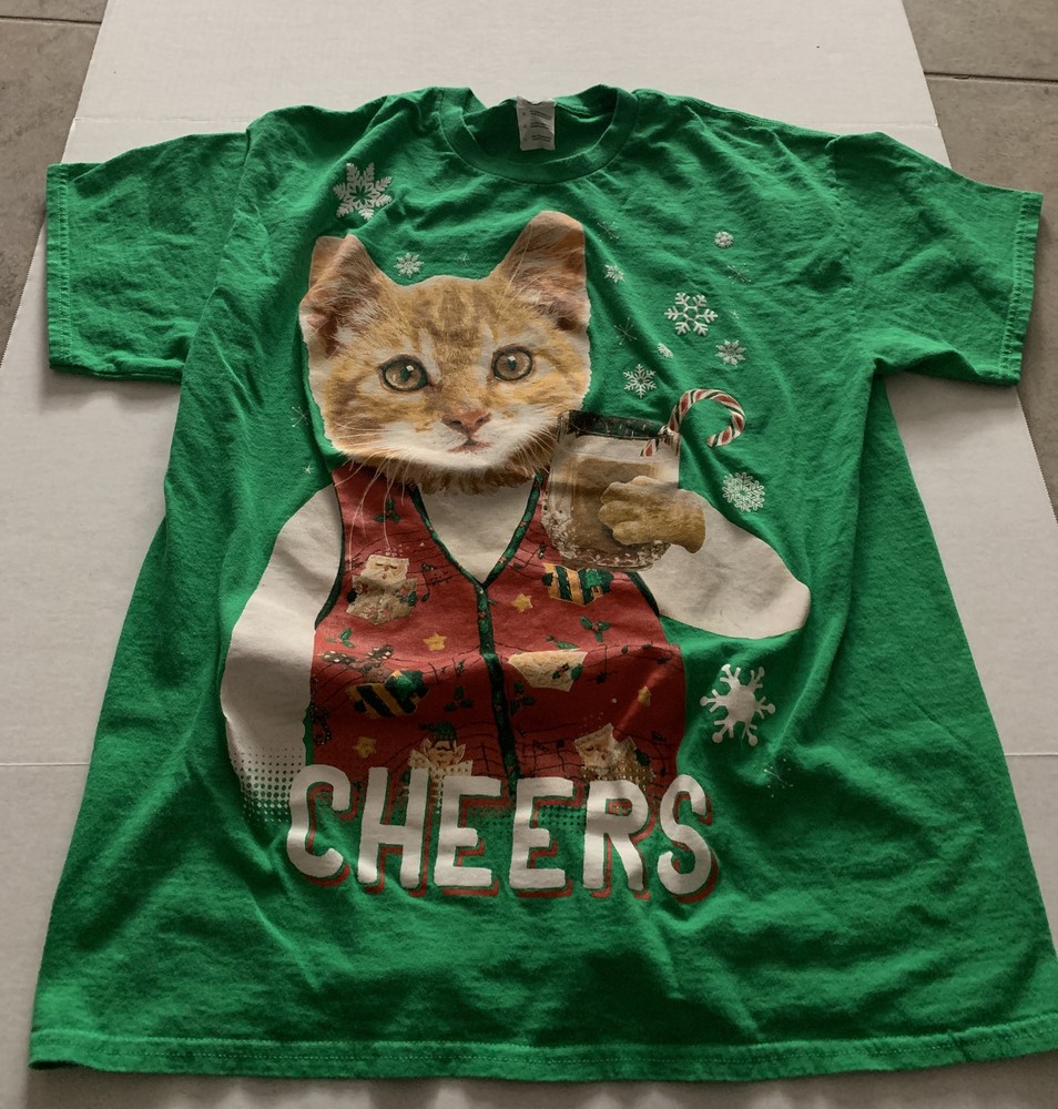 Ugly Christmas Shirt Cat Men’s Drunk Cheers Kitty Drinking Eggnog Party Medium