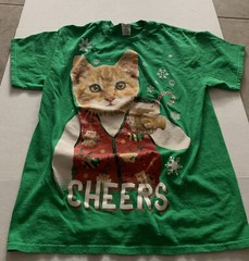 Ugly Christmas Shirt Cat Men’s Drunk Cheers Kitty Drinking Eggnog Party Medium