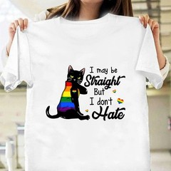I May Straight But I Don’t Hate Tee, Black Cat LGBTQ+ Supporter, Pride Month Tee