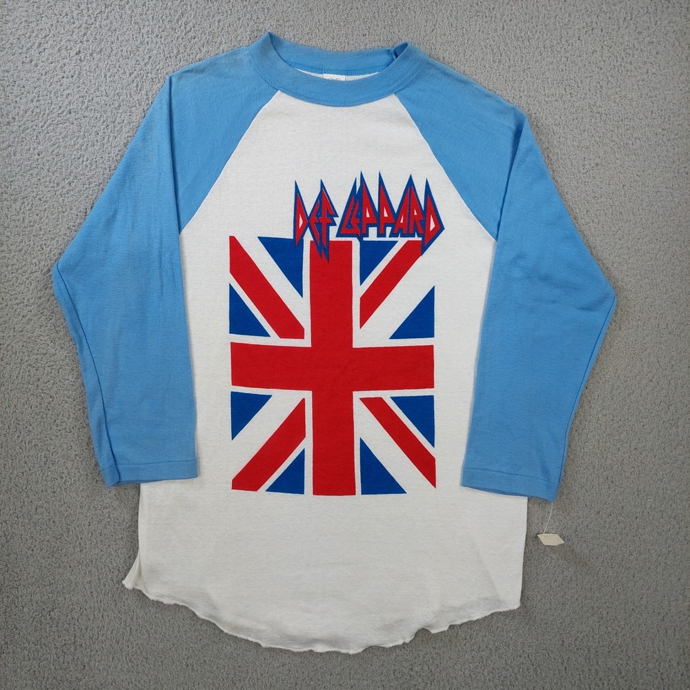 Vintage 80s Def Leppard Rock Band Tour T Shirt Men’s M/S Union Jack Flag Raglan