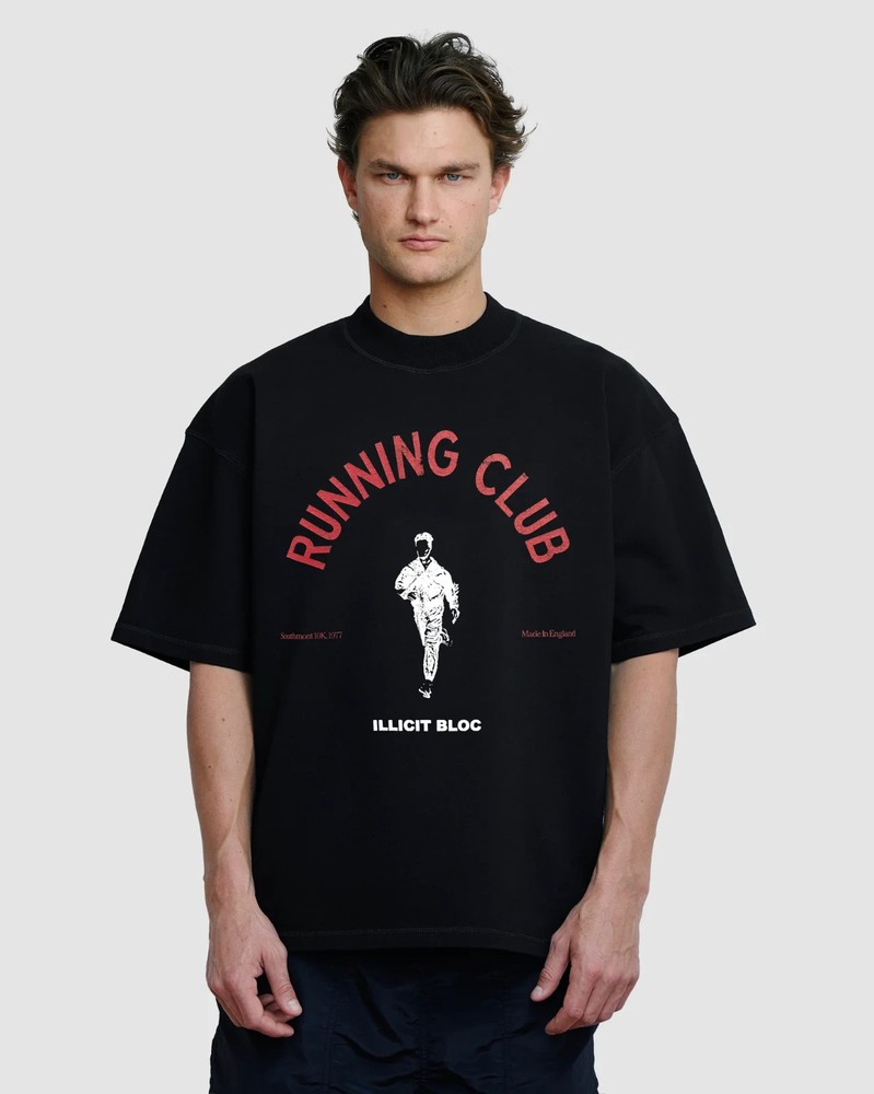Illicit Bloc Running Club T-Shirt Black Small/Large 300GSM 100% Cotton Boxy Fit